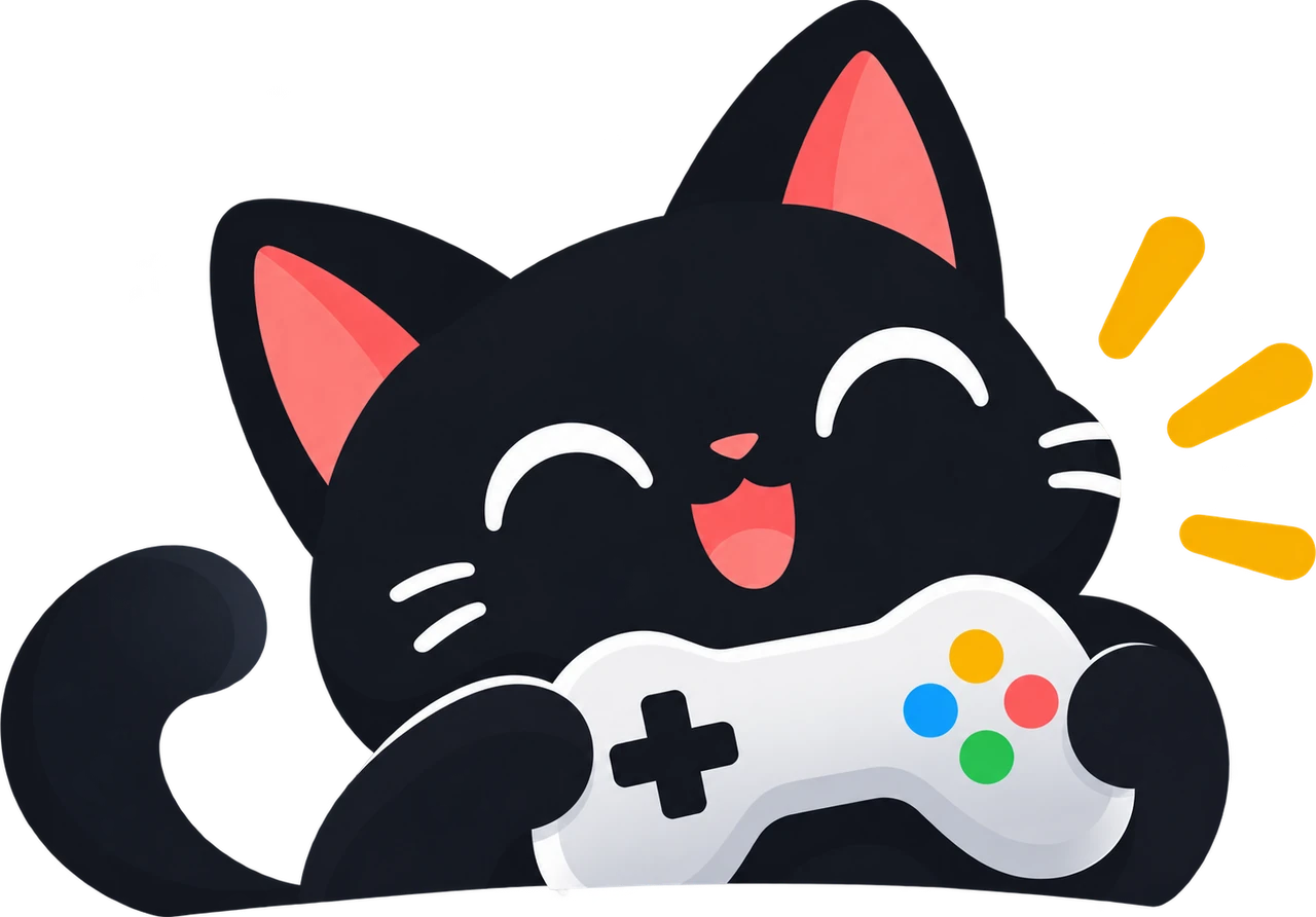 A black cat hugging a game controller, grinning with its eyes closed.