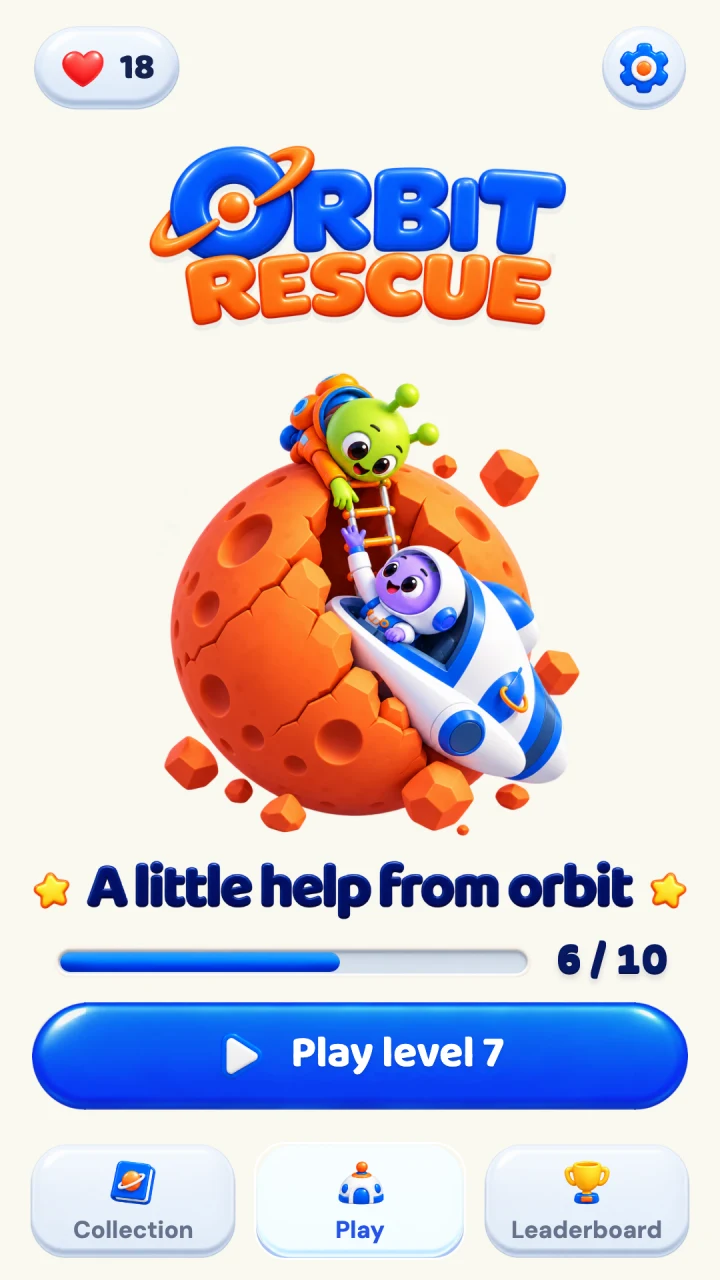 The Orbit Rescue home screen for the first chapter, A little help from orbit, with six of ten levels complete.