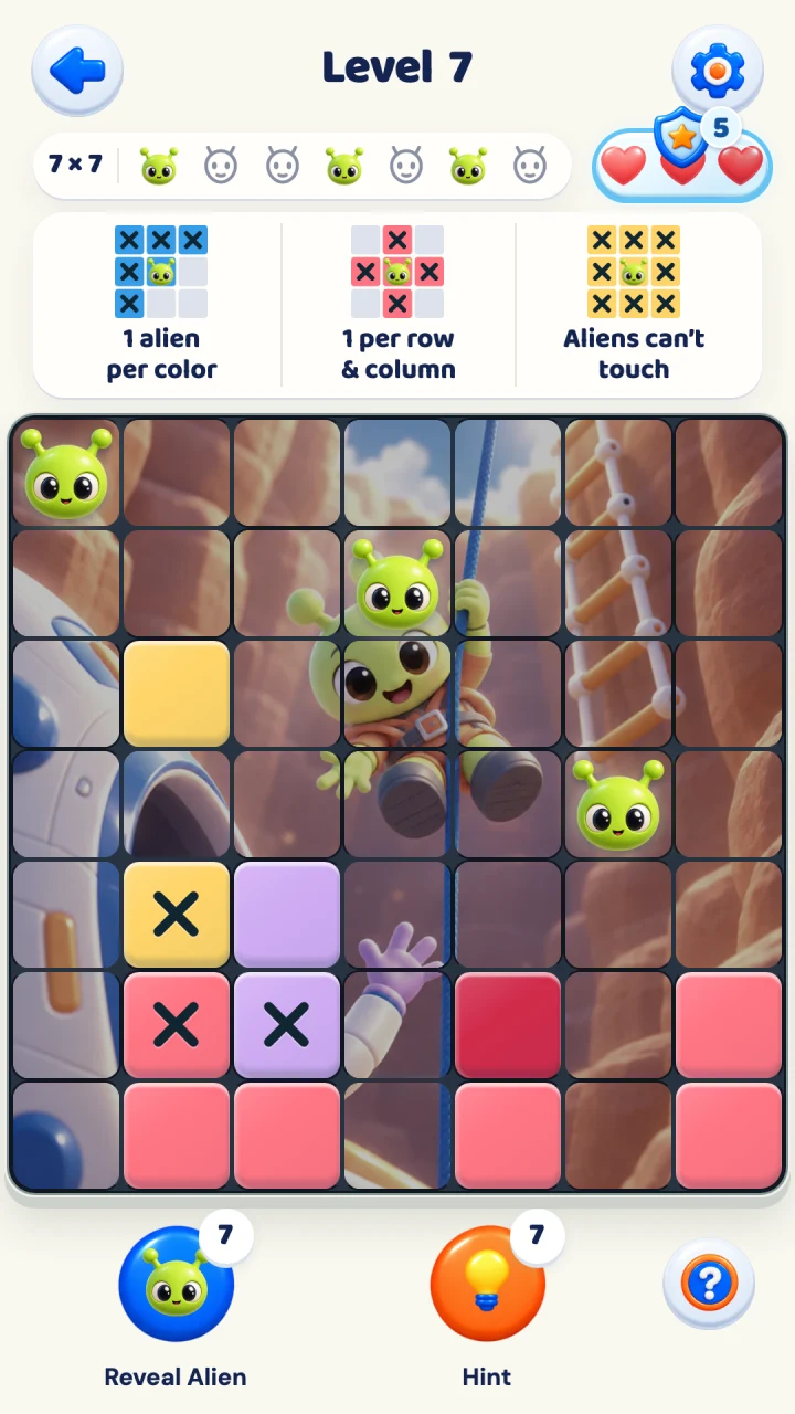 An Orbit Rescue board on level 7: a seven-by-seven grid over a picture of a green alien on a rope ladder, with three aliens found, three cells crossed out, three hearts and five shields left.
