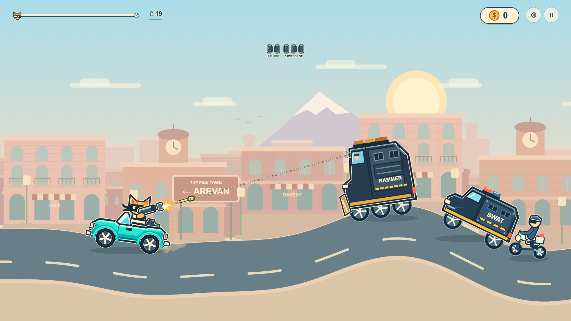 Robber Cat firing from his turquoise getaway car at a Rammer van, a SWAT van and a police motorcycle in the pink streets of Arevan.